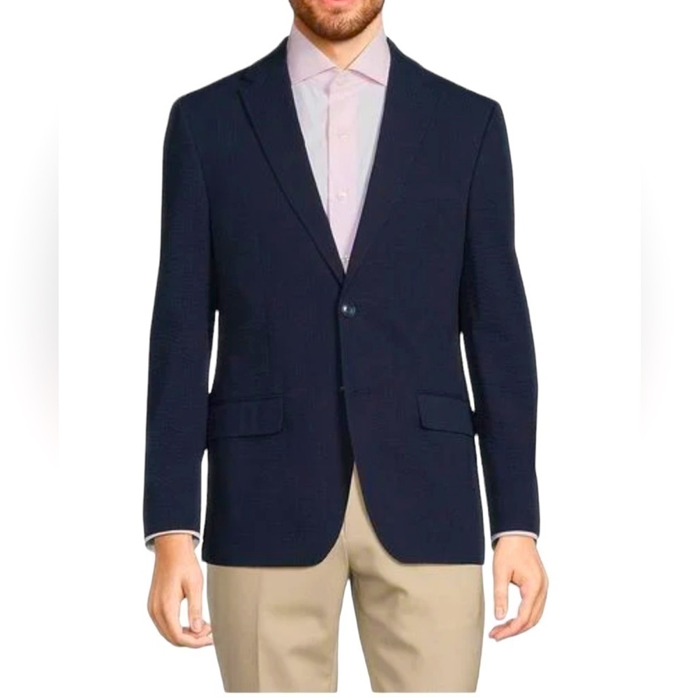 Tommy Hilfiger Mens Wool Navy Blue Long Jacket Blazer Modern Fit Sz 44R‎